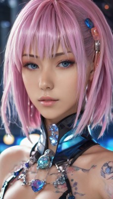 1girl,solo,breasts,looking at viewer,short hair,bangs,blue eyes,hair ornament,cleavage,bare shoulders,jewelry,medium breasts,upper body,pink hair,earrings,parted lips,blurry,lips,eyelashes,tattoo,makeup,depth of field,blurry background,lipstick,gem,portrait,close-up,eyeshadow,pink lips,realistic,nose,blue gemstone,mascara,large breasts,dress,collarbone,shiny,necklace,bob cut