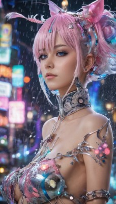 1girl,solo,breasts,looking at viewer,short hair,bangs,blue eyes,large breasts,hair ornament,cleavage,bare shoulders,jewelry,medium breasts,swimsuit,upper body,pink hair,bikini,multicolored hair,hairband,earrings,outdoors,parted lips,blurry,lips,eyelashes,night,depth of field,blurry background,revealing clothes,armlet,rain,city,realistic,nose,closed mouth,blue hair,collarbone,sidelocks,artist name,signature,armor,from side,makeup,piercing,gem,eyeshadow,water drop,cherry,mascara,cyberpunk