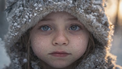 1girl,solo,looking at viewer,blue eyes,brown hair,closed mouth,parted lips,artist name,hood,blurry,lips,eyelashes,depth of field,blurry background,portrait,snow,close-up,hood up,freckles,snowing,realistic,nose,winter,blonde hair,hat,grey eyes,fur trim,expressionless