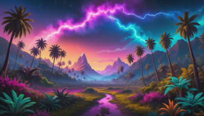 flower, outdoors, sky, cloud, tree, no humans, night, grass, star (sky), nature, night sky, scenery, starry sky, sunset, mountain, palm tree, lightning, landscape, mountainous horizon, purple sky