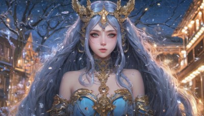 1girl,solo,long hair,breasts,looking at viewer,bangs,blue eyes,hair ornament,dress,bare shoulders,jewelry,very long hair,blue hair,upper body,outdoors,parted lips,detached sleeves,sky,blurry,tree,lips,grey eyes,detached collar,night,depth of field,blurry background,blue dress,tiara,building,night sky,snow,snowing,realistic,headpiece,bare tree,medium breasts,artist name,signature,armor,parted bangs,eyelashes,water drop,architecture,winter