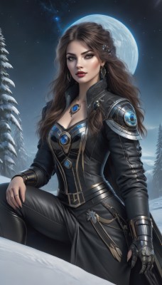 1girl,solo,long hair,breasts,looking at viewer,brown hair,hair ornament,gloves,long sleeves,cleavage,brown eyes,jewelry,medium breasts,sitting,weapon,earrings,outdoors,sky,pants,artist name,signature,necklace,nail polish,armor,tree,lips,makeup,night,wavy hair,black pants,moon,ring,knife,lipstick,shoulder armor,gauntlets,gem,sheath,star (sky),night sky,snow,full moon,pendant,starry sky,pauldrons,sheathed,red lips,dagger,hand on own knee,shooting star,pine tree,braid,mole,eyeshadow,hoop earrings,realistic,leather,leather pants