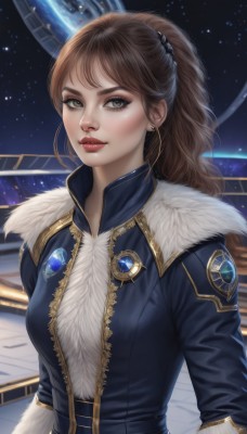 1girl,solo,long hair,breasts,looking at viewer,brown hair,brown eyes,jewelry,jacket,upper body,ponytail,earrings,parted lips,lips,fur trim,makeup,lipstick,gem,star (sky),freckles,science fiction,realistic,nose,red lips,eyeliner,space,planet,earth (planet),spacecraft,bangs,medium breasts,sky,artist name,uniform,military,eyelashes,military uniform,eyeshadow,starry sky,fur collar,emblem