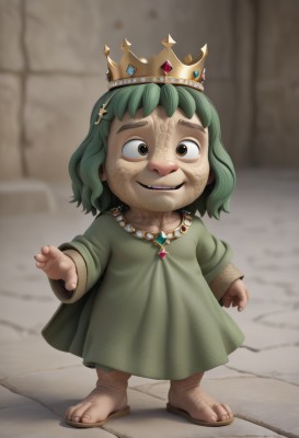 solo,looking at viewer,smile,long sleeves,1boy,dress,brown eyes,jewelry,standing,full body,male focus,parted lips,green hair,medium hair,necklace,blurry,blurry background,facial hair,scar,parody,sandals,crown,gem,child,green dress,female child,male child,wrinkled skin,1girl,short hair,hair ornament,barefoot,teeth,freckles,realistic