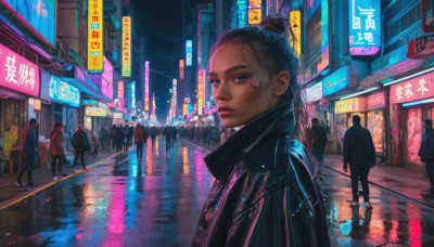 1girl, long hair, looking at viewer, blue eyes, black hair, jacket, outdoors, parted lips, solo focus, lips, night, building, scenery, reflection, city, sign, realistic, nose, road, crowd, cyberpunk, neon lights, people