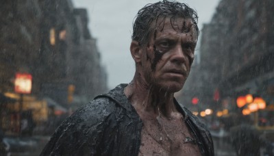 solo,looking at viewer,short hair,black hair,1boy,closed mouth,jacket,upper body,male focus,outdoors,dark skin,blurry,black eyes,black jacket,wet,depth of field,blurry background,scar,dark-skinned male,ground vehicle,building,motor vehicle,rain,city,realistic,car,wet hair,shirt,jewelry,open clothes,necklace,open jacket,night,facial hair,pectorals,portrait,wet clothes,grey sky