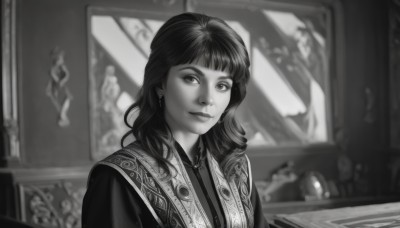 1girl,solo,long hair,looking at viewer,smile,bangs,jewelry,closed mouth,monochrome,upper body,greyscale,earrings,indoors,blunt bangs,blurry,lips,blurry background,realistic,nose,painting (object),dress,eyelashes,depth of field,chinese clothes