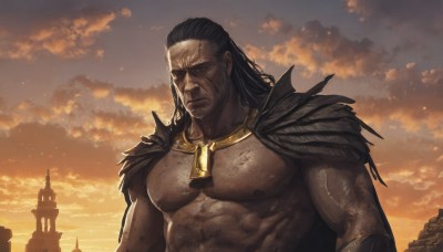 solo,long hair,black hair,1boy,jewelry,closed mouth,nipples,upper body,male focus,outdoors,sky,cloud,dark skin,necklace,cape,armor,muscular,facial hair,scar,abs,dark-skinned male,cloudy sky,pectorals,muscular male,bara,scar on face,large pectorals,sunset,scar across eye,manly,bare pectorals,tattoo,veins,mature male,chest hair,scar on chest