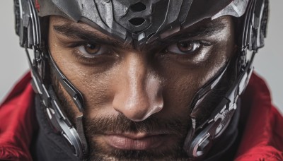 solo,looking at viewer,simple background,1boy,brown eyes,closed mouth,male focus,signature,grey background,armor,lips,facial hair,helmet,portrait,beard,close-up,realistic,serious,mustache,manly