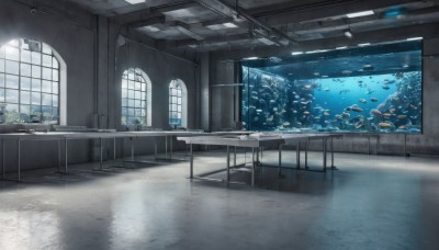 sky,day,indoors,water,tree,no humans,window,chair,table,sunlight,plant,building,scenery,reflection,fish,painting (object),ceiling light,reflective floor,aquarium,desk,underwater,ceiling