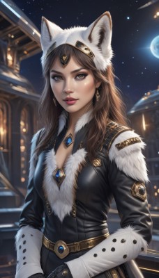 1girl,solo,long hair,breasts,looking at viewer,smile,brown hair,gloves,hat,animal ears,cleavage,brown eyes,jewelry,medium breasts,tail,earrings,outdoors,parted lips,sky,black gloves,belt,artist name,cat ears,blurry,lips,fur trim,makeup,night,moon,own hands together,lipstick,gem,star (sky),night sky,starry sky,nose,animal hat,long sleeves,yellow eyes,upper body,weapon,signature,necklace,full moon,realistic