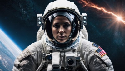 1girl,solo,looking at viewer,blue eyes,1boy,upper body,male focus,star (symbol),helmet,star (sky),science fiction,realistic,sun,space,explosion,planet,earth (planet),american flag,spacecraft,spacesuit,japanese flag,united states,astronaut,black hair,lips,reflection,flag print,space helmet,american flag print