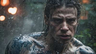 1girl,solo,looking at viewer,black hair,1boy,closed mouth,male focus,outdoors,parted lips,blurry,black eyes,lips,wet,depth of field,blurry background,messy hair,portrait,wet clothes,rain,realistic,wet hair,short hair,upper body,scar,scar on face,snowing