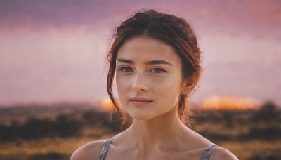 1girl,solo,looking at viewer,short hair,brown hair,black hair,bare shoulders,brown eyes,closed mouth,collarbone,outdoors,sky,blurry,black eyes,lips,depth of field,blurry background,portrait,freckles,sunset,realistic,smile,upper body,light smile