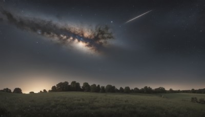 outdoors,sky,cloud,tree,no humans,night,grass,star (sky),nature,night sky,scenery,forest,smoke,starry sky,explosion,shooting star,field,landscape