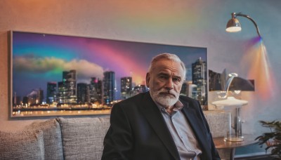 solo,looking at viewer,shirt,1boy,closed mouth,jacket,white shirt,upper body,male focus,sky,collared shirt,indoors,cup,black jacket,window,dress shirt,facial hair,formal,table,suit,plant,building,beard,city,mustache,potted plant,lamp,cityscape,bald,old,old man,photo background,short hair,white hair,grey hair,blurry,night,blurry background,realistic,painting (object),wrinkled skin