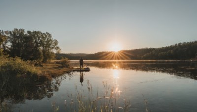 1girl,solo,long hair,skirt,black hair,holding,standing,outdoors,sky,cloud,water,from behind,tree,sunlight,grass,nature,scenery,lens flare,reflection,walking,sunset,mountain,sun,facing away,wide shot,river,evening,lake,instrument case,dress,blue sky,forest,horizon,landscape,sunrise,reflective water,very wide shot