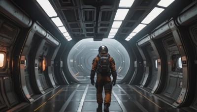 solo,gloves,1boy,standing,male focus,black gloves,indoors,helmet,1other,walking,science fiction,pilot suit,ambiguous gender,spacesuit,boots,bag,from behind,backpack,scenery,arms at sides,wide shot,astronaut