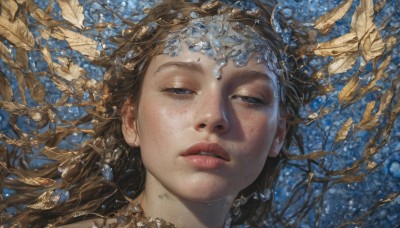 1girl,solo,long hair,looking at viewer,blue eyes,brown hair,parted lips,lips,half-closed eyes,portrait,freckles,crystal,realistic,nose,teeth,black eyes,eyelashes,leaf,branch,gold