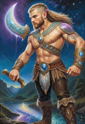 solo,long hair,blue eyes,blonde hair,brown hair,1boy,navel,holding,brown eyes,jewelry,nipples,standing,weapon,male focus,earrings,boots,outdoors,sky,belt,pants,artist name,water,armor,tree,fur trim,tattoo,muscular,night,facial hair,watermark,brown footwear,abs,knee boots,knife,pectorals,muscular male,star (sky),night sky,beard,starry sky,topless male,rock,mountain,realistic,mustache,bracer,dagger,lake,moon,axe,manly