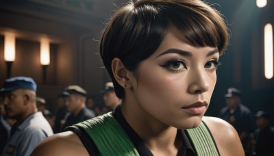 1girl,looking at viewer,short hair,brown hair,shirt,black hair,hat,brown eyes,jewelry,closed mouth,earrings,multiple boys,sleeveless,solo focus,indoors,blurry,uniform,black eyes,lips,blurry background,portrait,freckles,6+boys,realistic,nose,stud earrings,very short hair,police,police uniform,bangs,bare shoulders,upper body,depth of field,messy hair,faceless