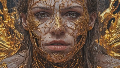 1girl,solo,long hair,looking at viewer,brown hair,black hair,brown eyes,closed mouth,parted lips,lips,grey eyes,portrait,close-up,realistic,straight-on,gold,crack,teeth,eyelashes,scales,cracked skin