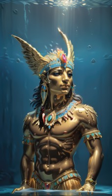 solo,long hair,blue eyes,black hair,1boy,navel,jewelry,nipples,male focus,earrings,dark skin,water,necklace,bracelet,muscular,piercing,abs,dark-skinned male,feathers,pectorals,muscular male,gem,armlet,partially submerged,bubble,topless male,underwater,headdress,egyptian