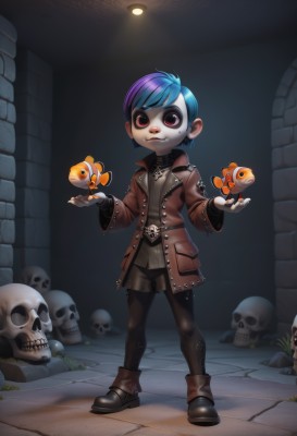 1girl,solo,smile,short hair,red eyes,gloves,long sleeves,jewelry,blue hair,standing,jacket,full body,purple hair,pantyhose,multicolored hair,earrings,boots,open clothes,shorts,belt,pants,artist name,fingerless gloves,necklace,two-tone hair,coat,brown footwear,androgynous,fish,skull,brown jacket,1boy,male focus,animal,watermark,cross,pale skin,furry