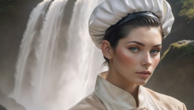 1girl,solo,looking at viewer,short hair,blue eyes,black hair,hat,jewelry,earrings,parted lips,water,blurry,lips,grey eyes,maid,maid headdress,blurry background,white headwear,portrait,freckles,realistic,nose,stud earrings,waterfall,red lips,head scarf,hair pulled back