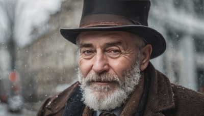 solo,looking at viewer,1boy,hat,closed mouth,jacket,upper body,white hair,grey hair,male focus,outdoors,necktie,blurry,tree,coat,grey eyes,black headwear,blurry background,facial hair,portrait,beard,snow,brown jacket,top hat,snowing,mature male,realistic,mustache,manly,old,brown coat,old man,blue eyes,shirt,white shirt,collared shirt,lips,depth of field,black necktie,brown headwear,wrinkled skin