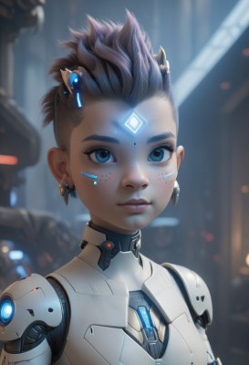 1girl,solo,looking at viewer,short hair,blue eyes,brown hair,hair ornament,jewelry,closed mouth,upper body,earrings,artist name,armor,blurry,lips,eyelashes,bodysuit,makeup,blurry background,glowing,facial mark,eyeshadow,freckles,science fiction,forehead mark,nose,eyeliner,mechanical arms,forehead jewel,cyborg,cyberpunk,black hair,dark skin,robot,spiked hair,portrait,close-up,android,joints,robot joints,mohawk