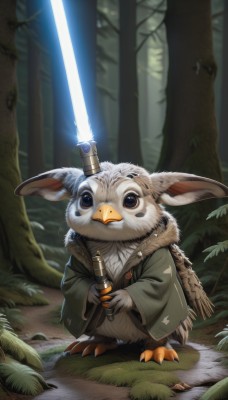 solo,looking at viewer,holding,brown eyes,closed mouth,standing,full body,weapon,outdoors,sword,holding weapon,tree,fur trim,no humans,bird,animal,holding sword,grass,sheath,nature,furry,forest,rabbit,robe,animal focus,energy sword,beak,long sleeves,day,wide sleeves,blurry,black eyes,blurry background,leaf,bottle,plant,claws,1other,light rays,fantasy,holding bottle,glowing weapon,lightsaber