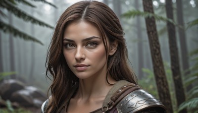 1girl,solo,long hair,looking at viewer,smile,brown hair,brown eyes,closed mouth,collarbone,upper body,outdoors,armor,blurry,tree,lips,depth of field,blurry background,shoulder armor,portrait,nature,forest,freckles,pauldrons,realistic,nose,day,eyelashes,forehead,rock,shoulder pads