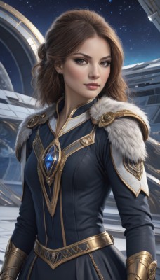 1girl,solo,long hair,breasts,looking at viewer,brown hair,long sleeves,dress,brown eyes,jewelry,upper body,earrings,sky,artist name,medium hair,armor,black dress,lips,fur trim,makeup,night,lipstick,gem,star (sky),night sky,starry sky,gold trim,realistic,nose,red lips,fur collar