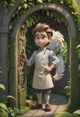 solo,smile,short hair,brown hair,shirt,long sleeves,1boy,holding,brown eyes,closed mouth,standing,full body,male focus,outdoors,wings,shoes,shorts,socks,apron,bird,animal,leaf,brown footwear,thick eyebrows,feathers,blue shirt,plant,child,feathered wings,door,male child,vines,grey shorts,pillar,artist name