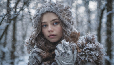 1girl, solo, long hair, looking at viewer, blue eyes, gloves, upper body, parted lips, white gloves, blurry, tree, lips, depth of field, blurry background, snow, freckles, realistic, nose, winter clothes, winter