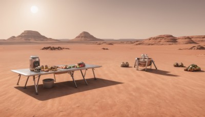 outdoors,food,water,cup,military,no humans,ocean,chair,beach,table,helmet,scenery,plate,mountain,sand,bucket,camouflage,desert,tent,sky,fruit,shadow,bottle,sunset,rock,can,sun,horizon,bread,shore,radio,log