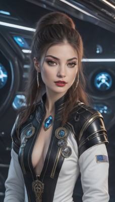 1girl,solo,long hair,breasts,looking at viewer,brown hair,long sleeves,cleavage,brown eyes,jewelry,medium breasts,upper body,ponytail,earrings,parted lips,lips,bodysuit,makeup,high ponytail,lipstick,forehead,science fiction,realistic,nose,center opening,red lips,bangs,jacket,open clothes,gem,eyeshadow,emblem,eyeliner,mascara