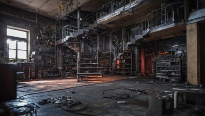 day,indoors,blurry,no humans,window,depth of field,chair,sunlight,scenery,science fiction,stairs,door,lamp,cable,wire,industrial pipe,table,plant,potted plant