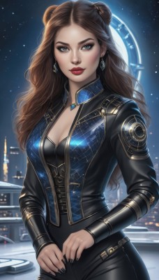 1girl,solo,long hair,breasts,looking at viewer,blue eyes,brown hair,long sleeves,cleavage,jewelry,medium breasts,standing,jacket,cowboy shot,earrings,sky,pants,artist name,necklace,hair bun,nail polish,lips,double bun,bodysuit,makeup,night,wavy hair,black pants,lipstick,gem,star (sky),black nails,night sky,eyeshadow,starry sky,city,realistic,nose,red lips,bangs,closed mouth,outdoors,signature,mole,black jacket,parted bangs,grey eyes,corset,forehead,backlighting,freckles,black bodysuit,constellation