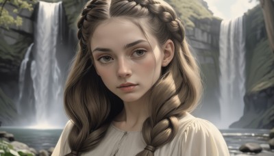 1girl,solo,long hair,looking at viewer,brown hair,shirt,brown eyes,white shirt,upper body,braid,outdoors,parted lips,day,water,blurry,twin braids,tree,lips,portrait,hair over shoulder,forehead,freckles,rock,realistic,nose,waterfall,blush,closed mouth,sky,eyelashes,depth of field,blurry background,sunlight,thick eyebrows,red lips