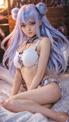 1girl,solo,long hair,breasts,looking at viewer,smile,bangs,blue eyes,large breasts,navel,cleavage,bare shoulders,jewelry,medium breasts,sitting,closed mouth,underwear,blue hair,panties,swimsuit,sidelocks,bikini,thighs,parted lips,barefoot,choker,artist name,indoors,blunt bangs,necklace,stomach,hair bun,bra,blurry,lips,pillow,grey eyes,bare arms,eyelashes,bare legs,double bun,bed,depth of field,blurry background,feet out of frame,bed sheet,on bed,underwear only,white bra,realistic,yokozuwari,white panties,detached collar,white bikini,lingerie,nose