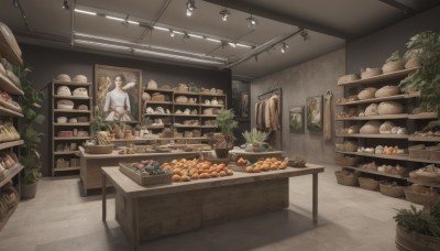 solo,short hair,brown hair,shirt,long sleeves,1boy,white shirt,male focus,food,indoors,apron,cup,window,table,bottle,plant,scenery,plate,door,basket,potted plant,wide shot,bread,shelf,shop,vegetable,ceiling,counter,ceiling light,1girl,holding,standing,no humans,fruit,shadow,tiles,jar,painting (object)