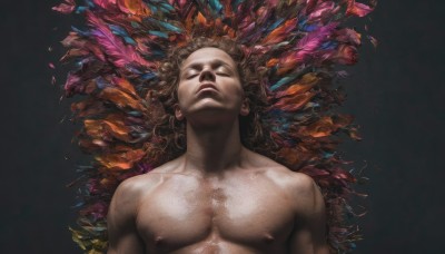 solo,simple background,brown hair,1boy,closed mouth,nipples,collarbone,closed eyes,upper body,male focus,nude,lying,on back,muscular,pectorals,black background,topless male,crystal,realistic,looking at viewer,feathers,muscular male