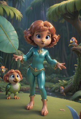 1girl,breasts,looking at viewer,smile,short hair,open mouth,blue eyes,multiple girls,brown hair,long sleeves,standing,full body,small breasts,boots,outdoors,day,artist name,orange hair,blurry,tree,bodysuit,blurry background,bird,animal,leaf,brown footwear,grass,child,nature,forest,curly hair,blue bodysuit,solo,flower,skin tight,freckles,green bodysuit