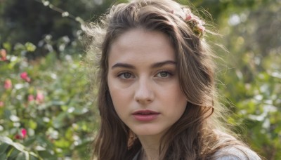 1girl,solo,long hair,looking at viewer,brown hair,hair ornament,brown eyes,closed mouth,flower,outdoors,parted lips,day,hair flower,blurry,lips,depth of field,blurry background,portrait,freckles,realistic,nose,head wreath,teeth,sunlight,forehead,pink flower