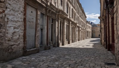 outdoors,sky,day,cloud,blue sky,no humans,window,shadow,building,scenery,city,door,road,wall,street,alley,pavement,cloudy sky,stone floor,stone wall,vanishing point