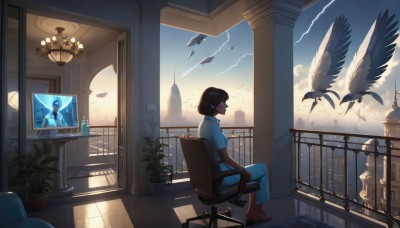 1girl,solo,short hair,brown hair,shirt,black hair,1boy,sitting,closed eyes,white shirt,short sleeves,male focus,sky,barefoot,pants,cloud,indoors,from side,window,profile,shadow,bird,animal,chair,sunlight,cloudy sky,plant,building,scenery,city,railing,clock,blue pants,bookshelf,potted plant,cityscape,wide shot,seagull,flower pot,balcony,boots,headphones,flying,lamp,monitor,office chair