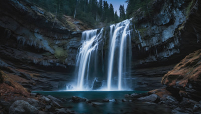 outdoors, sky, water, tree, no humans, night, nature, scenery, forest, rock, waterfall