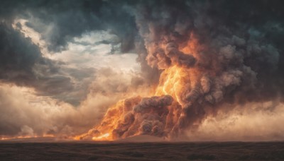 outdoors,sky,cloud,dutch angle,no humans,cloudy sky,fire,scenery,smoke,molten rock,1boy,monster